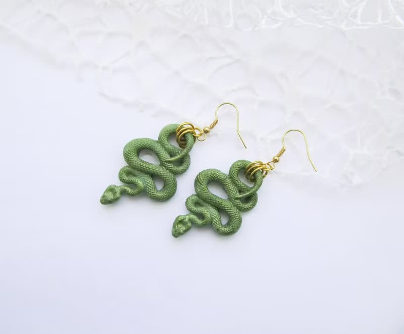 Green snake earrings Python snake clay Witch Animal earrings