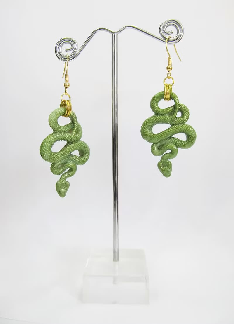 Green snake earrings Python snake clay Witch Animal earrings