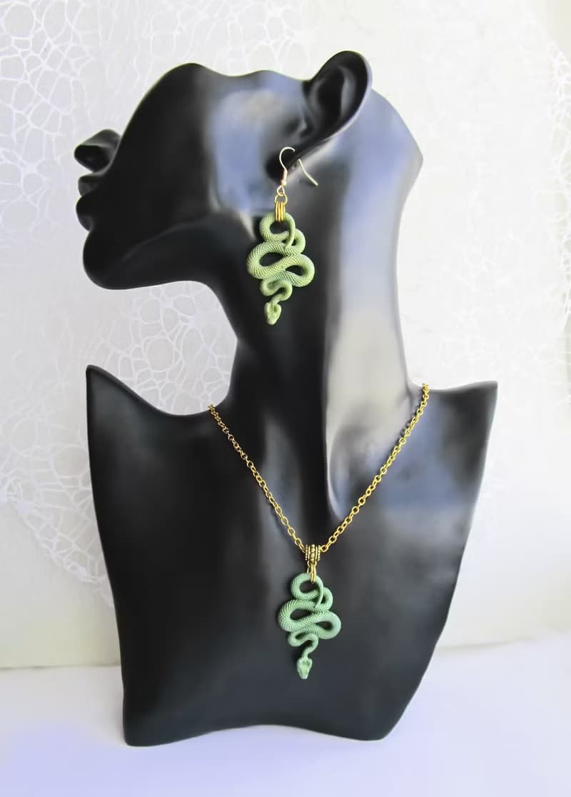 Green snake earrings Python snake clay Witch Animal earrings