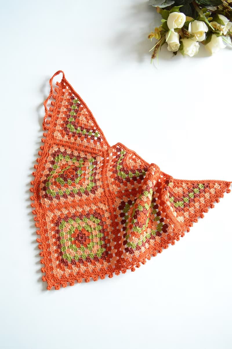 鉤針夏季圍巾頭巾奶奶方形橙色