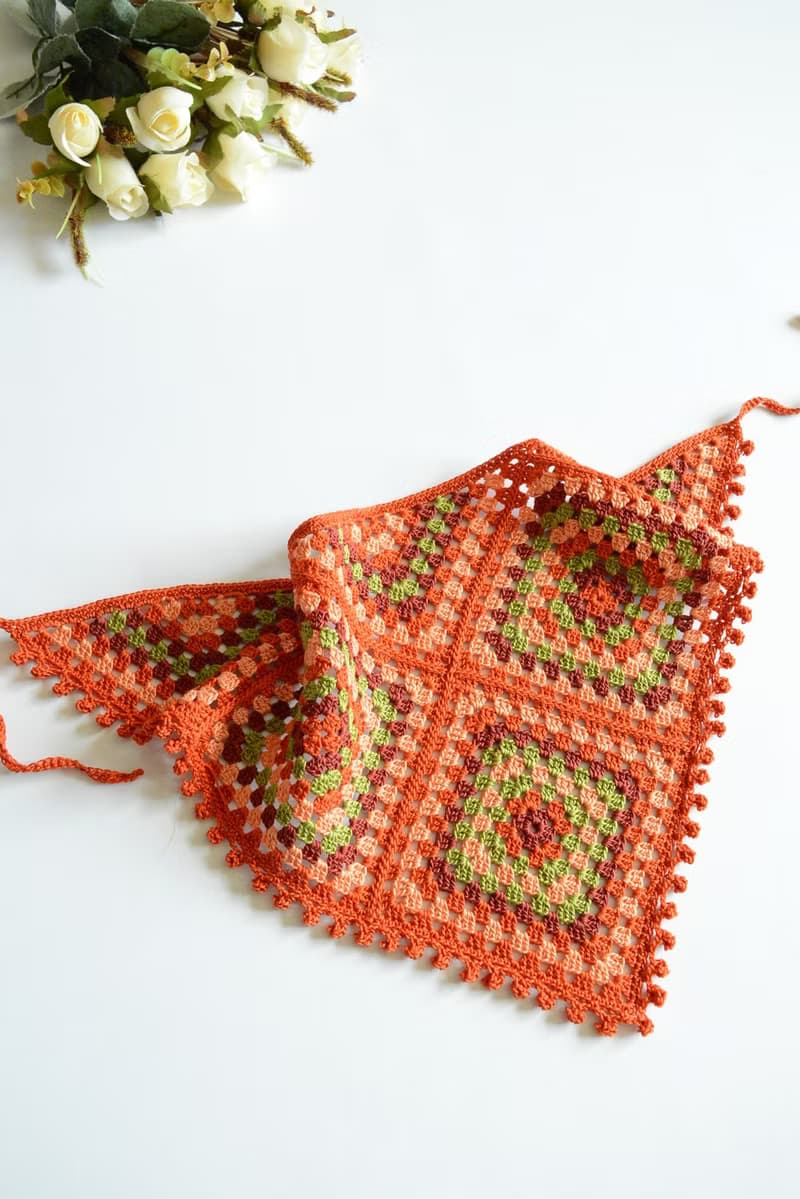 鉤針夏季圍巾頭巾奶奶方形橙色
