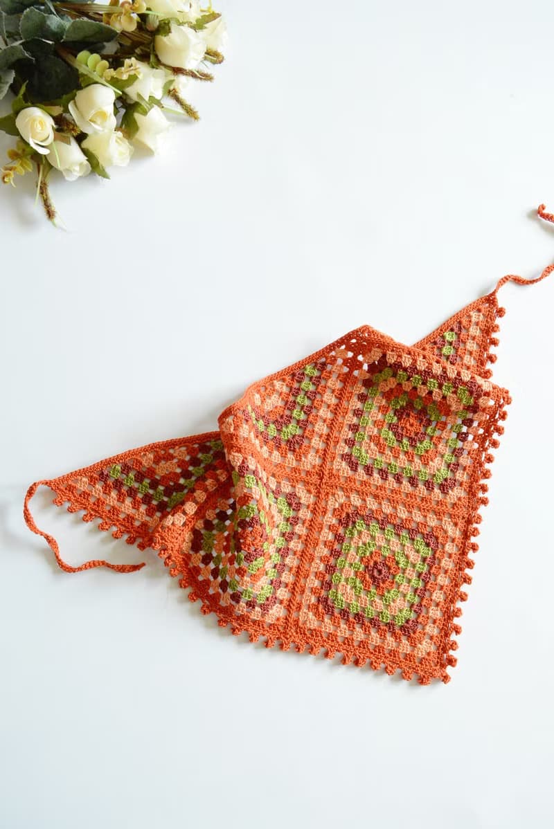 鉤針夏季圍巾頭巾奶奶方形橙色