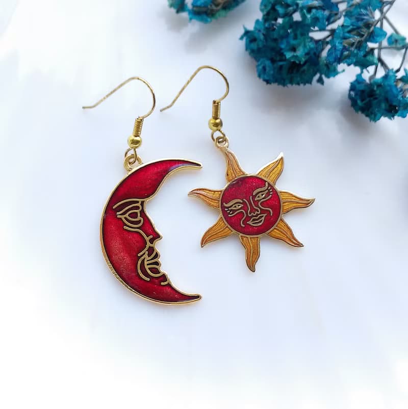 Vintage Jewelry 西洋古董飾品 星星月亮款 景泰藍 耳勾 針式耳環