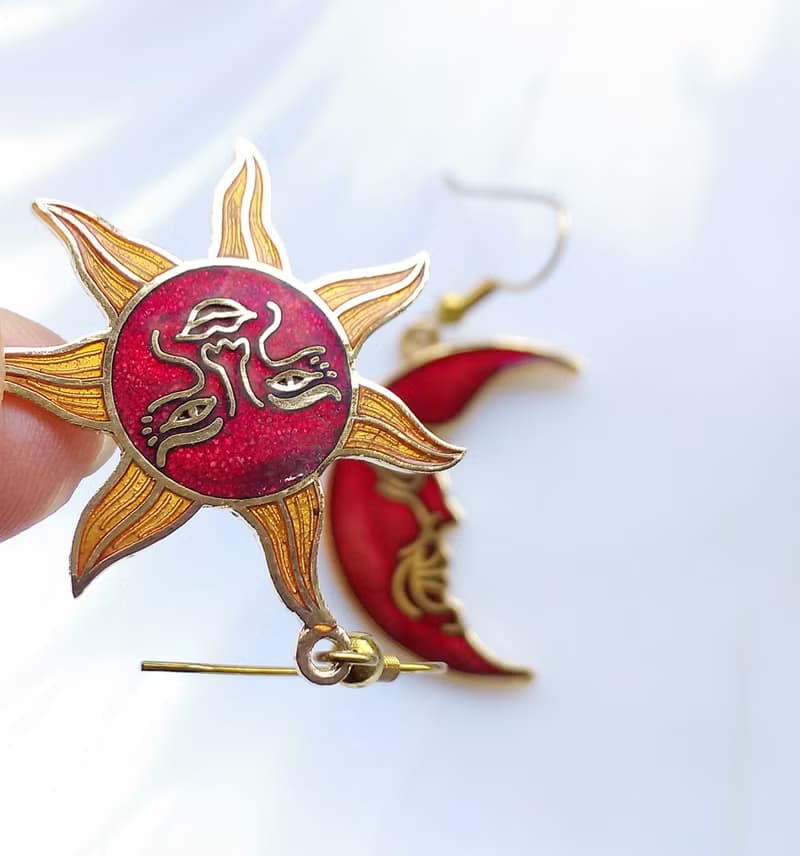 Vintage Jewelry 西洋古董飾品 星星月亮款 景泰藍 耳勾 針式耳環