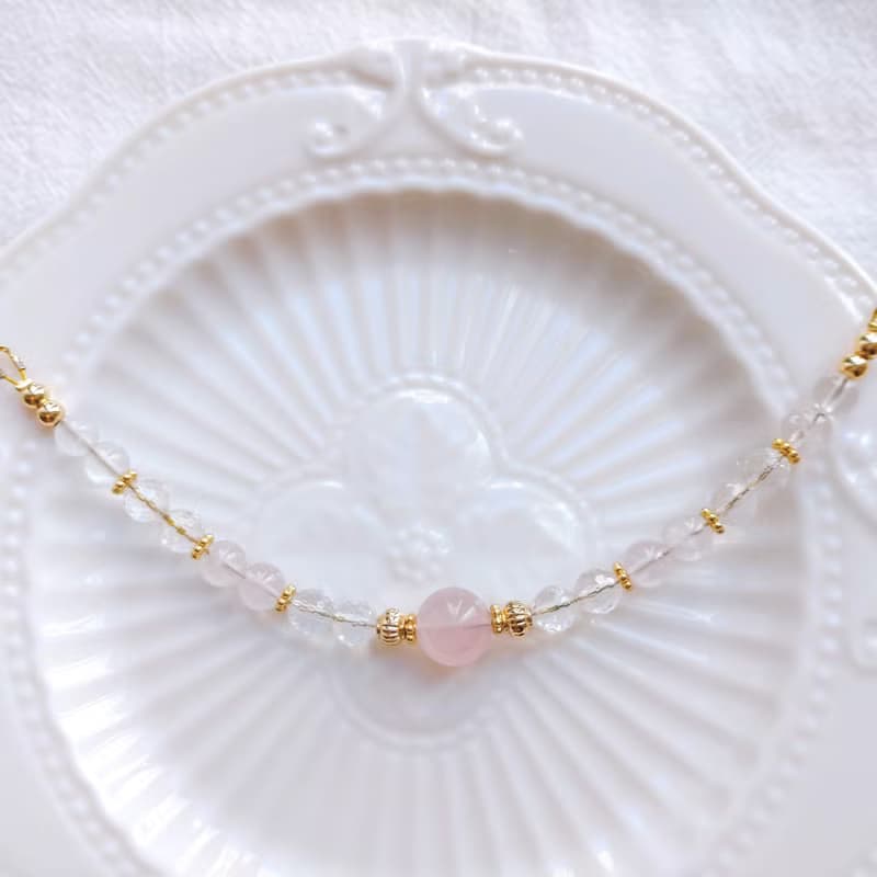 美人石 粉晶 + 白晶 天然石水晶手鍊  溫柔美麗氣質 可調節長度