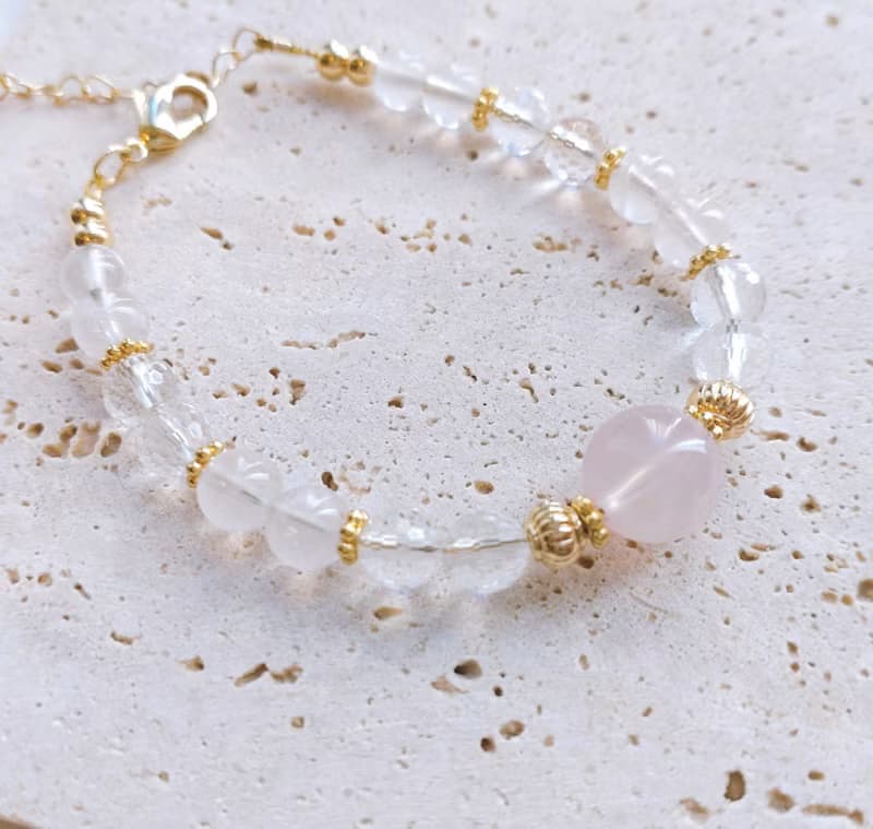 美人石 粉晶 + 白晶 天然石水晶手鍊  溫柔美麗氣質 可調節長度