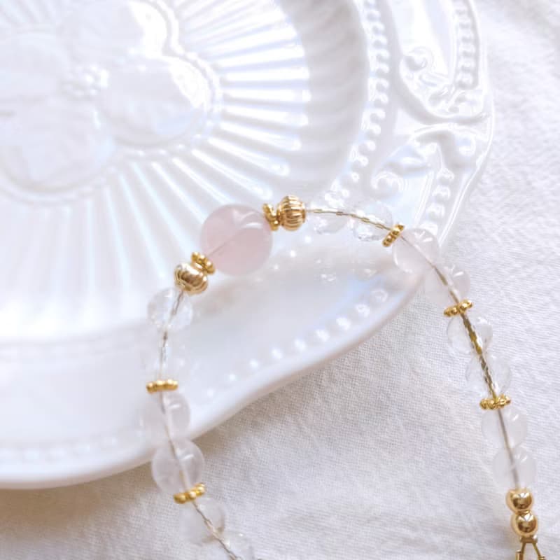 美人石 粉晶 + 白晶 天然石水晶手鍊  溫柔美麗氣質 可調節長度