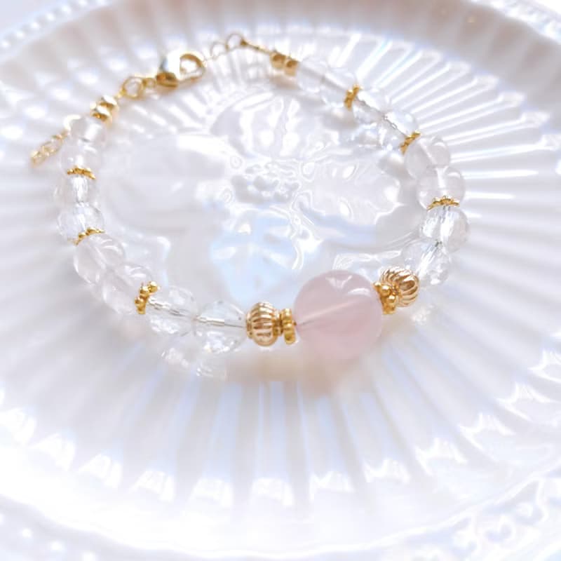 美人石 粉晶 + 白晶 天然石水晶手鍊  溫柔美麗氣質 可調節長度