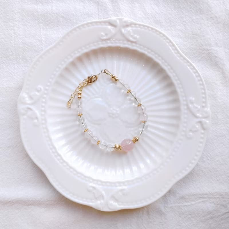 美人石 粉晶 + 白晶 天然石水晶手鍊  溫柔美麗氣質 可調節長度