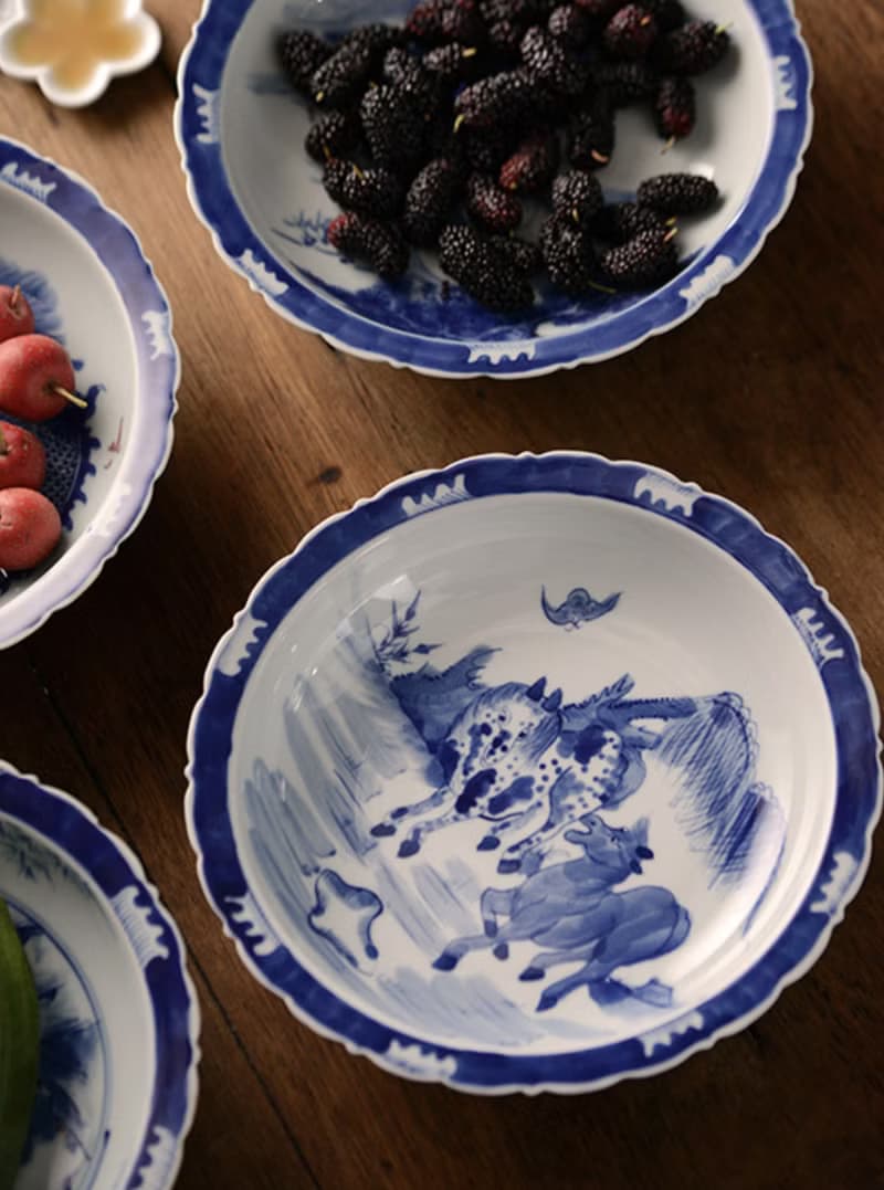 手繪青花瓷盤 菱形折邊碗 手作碗 中國古風典雅之作