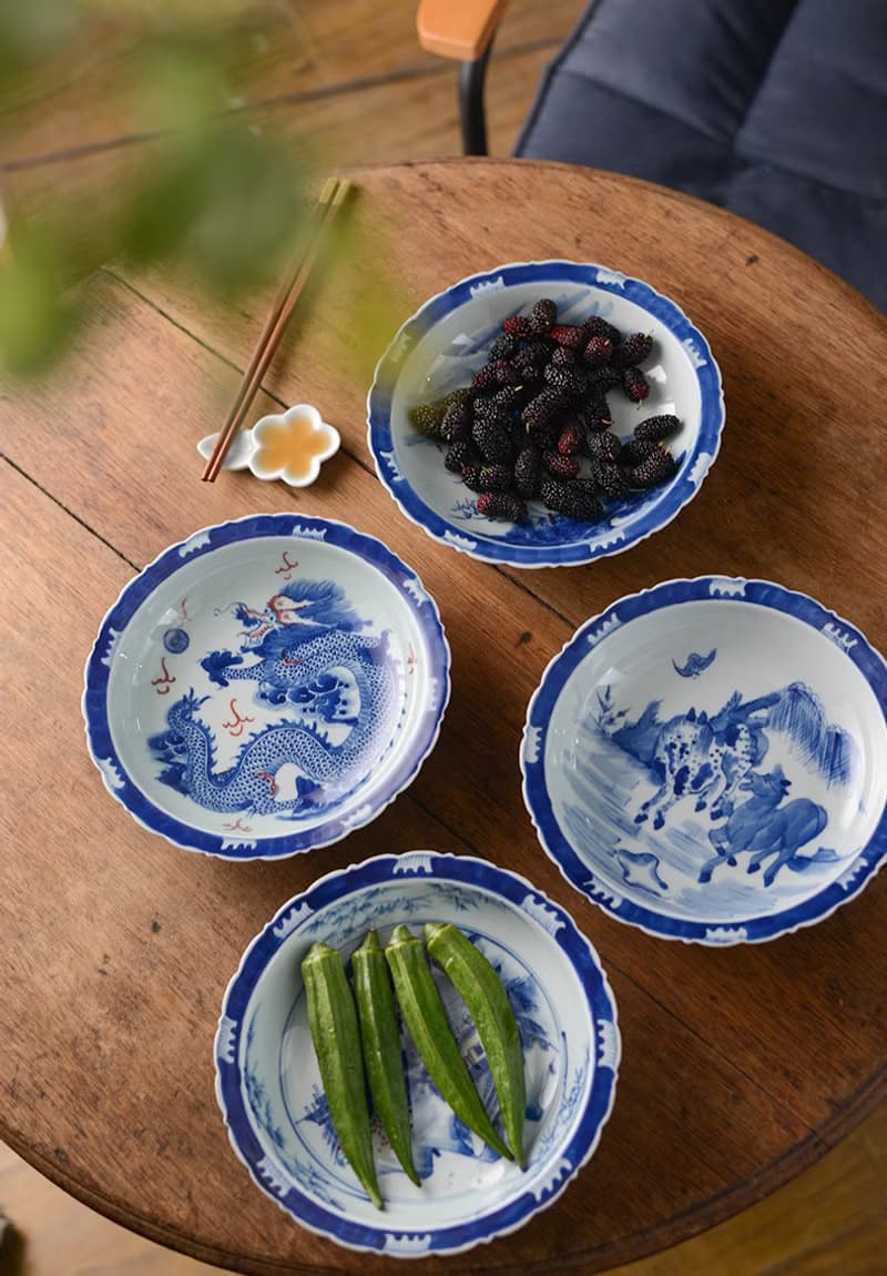 手繪青花瓷盤 菱形折邊碗 手作碗 中國古風典雅之作