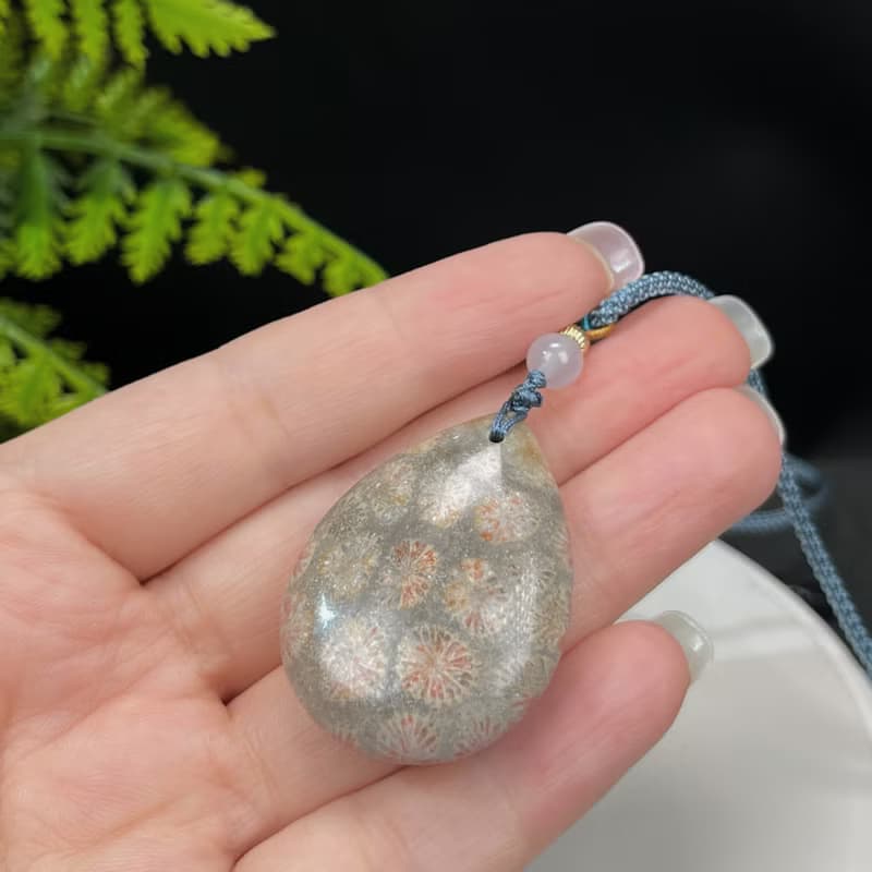 天然 水滴珊瑚玉吊墜 冰潤高瓷檸檬片 雙面橘灰菊花石項錬 招財運