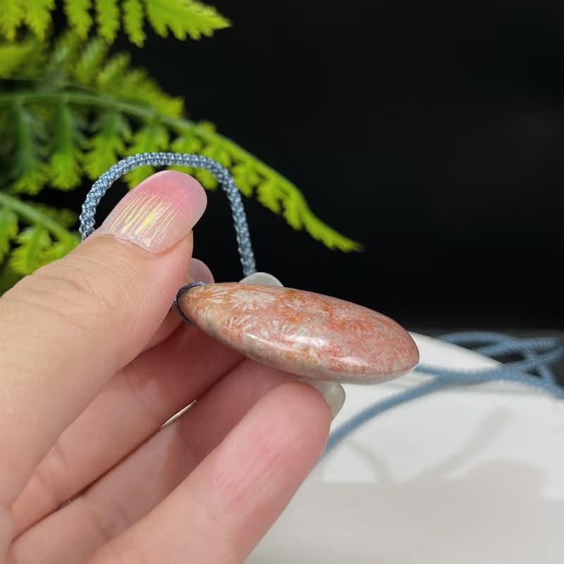 天然 水滴珊瑚玉吊墜 冰潤高瓷檸檬片 雙面橘灰菊花石項錬 招財運