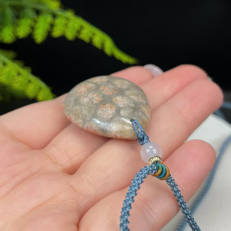 天然 水滴珊瑚玉吊墜 冰潤高瓷檸檬片 雙面橘灰菊花石項錬 招財運