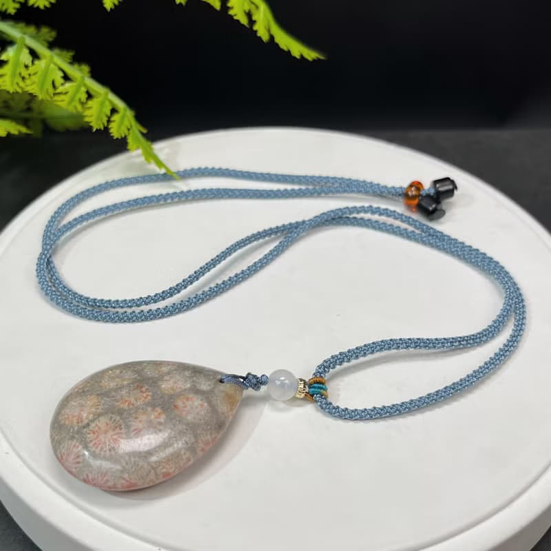 天然 水滴珊瑚玉吊墜 冰潤高瓷檸檬片 雙面橘灰菊花石項錬 招財運