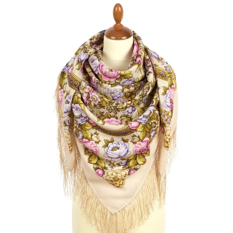 Pavlovo Posad Russian Shawl 100% Wool Scarf Wrap Silk Fringe 125x125 cm 2000-3