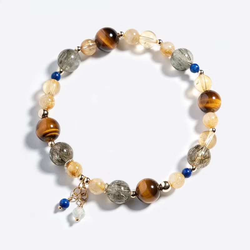 綠髮碧璽金髮晶虎眼石黃水晶14k包金 水晶手鍊 | 事業財運 招財