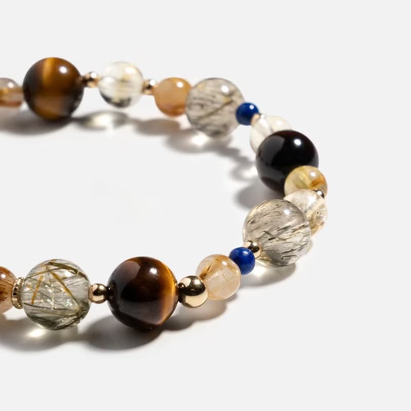 綠髮碧璽金髮晶虎眼石黃水晶14k包金 水晶手鍊 | 事業財運 招財