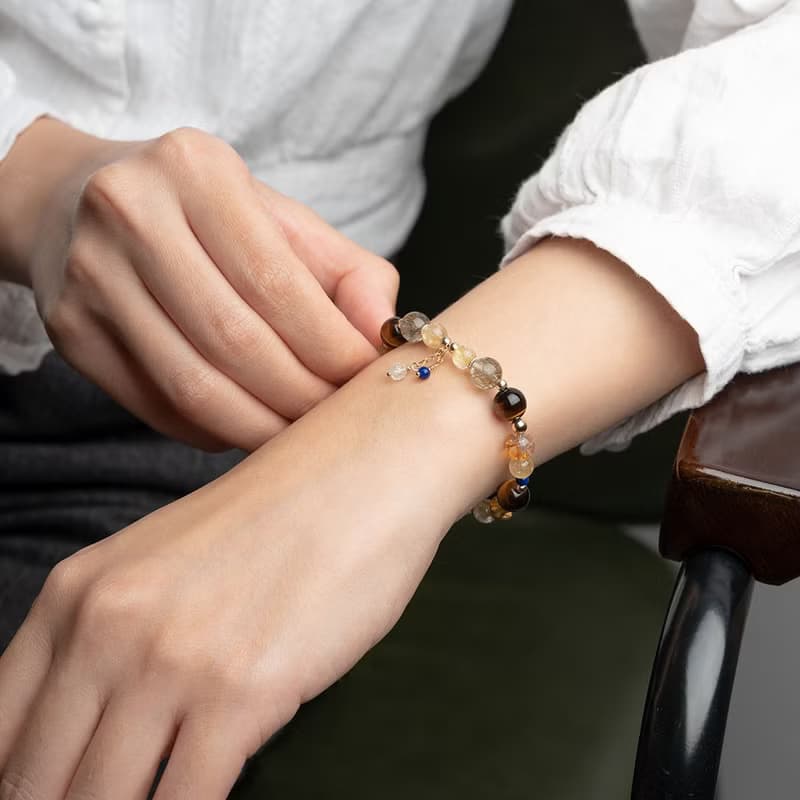 綠髮碧璽金髮晶虎眼石黃水晶14k包金 水晶手鍊 | 事業財運 招財