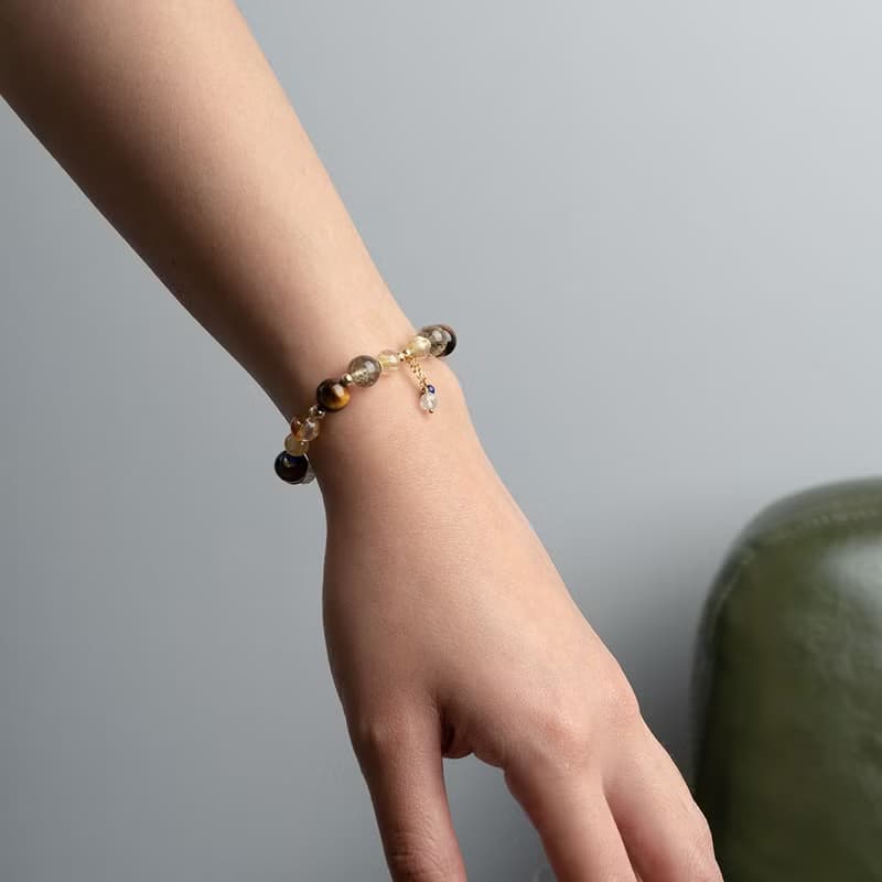 綠髮碧璽金髮晶虎眼石黃水晶14k包金 水晶手鍊 | 事業財運 招財