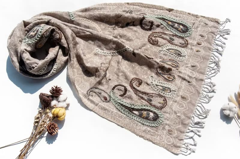 喀什米爾Cashmere/水煮羊毛披肩/針織圍巾/刺繡圍巾/羊絨披巾-花