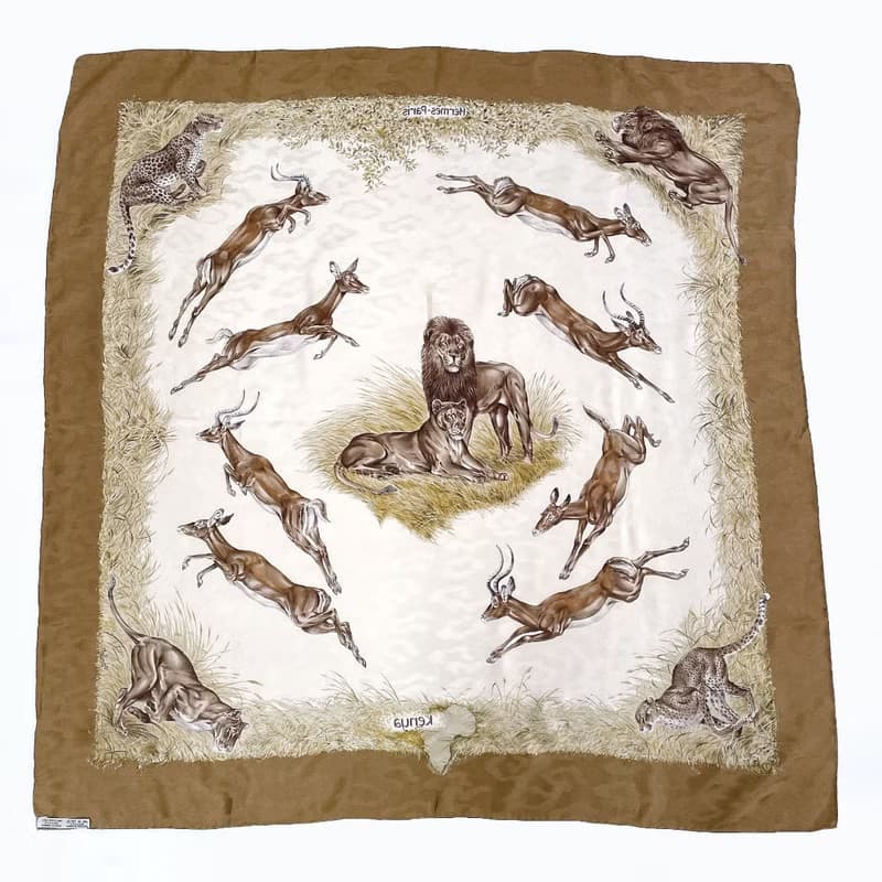 【日本直送 中古美品】エルメス HERMES スカーフ カレ 90 大判スカーフ 正方形 KENYA ケニヤ アニマル 動物 シルク100% ブラウン