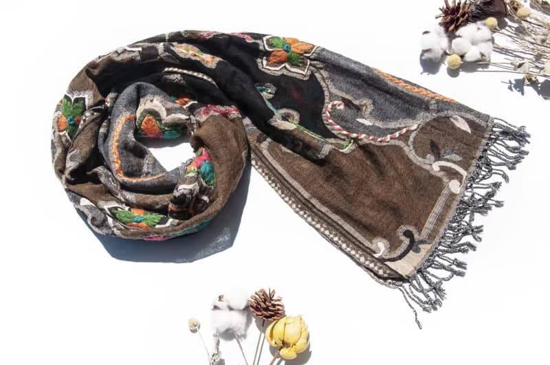 喀什米爾Cashmere/水煮羊毛披肩/針織圍巾/刺繡圍巾/羊絨披巾-花