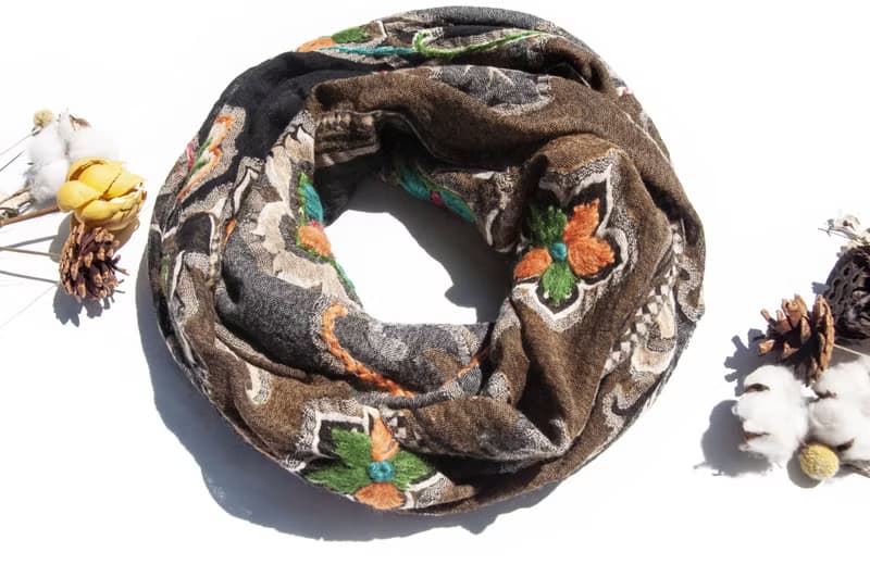 喀什米爾Cashmere/水煮羊毛披肩/針織圍巾/刺繡圍巾/羊絨披巾-花