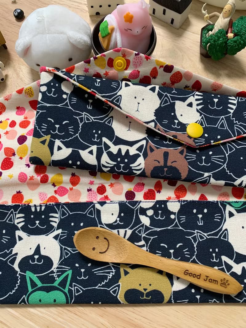 文青風環保純棉筷袋 喵喵大頭貼 耐看湛藍 超萌 日本 潮物 收納
