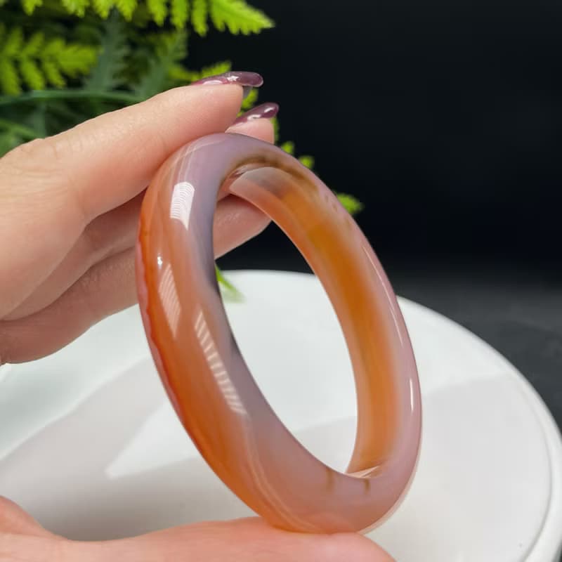 精品 漸變橘粉 瑪瑙手镯 58MM 千層飄墨 玉髓手環 時尚清新愛心