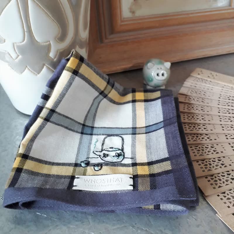 免費定制手綉字母 手工刺繡色織格子全棉手帕 - 茶叙