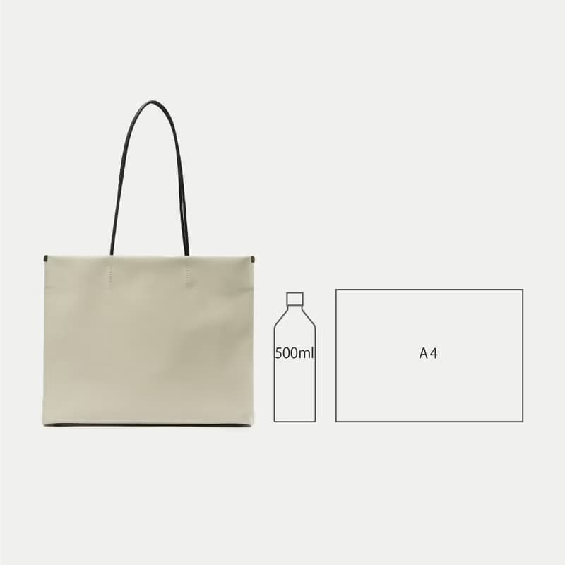 【shopper bag 横 black】トートバッグ/紙袋/ラミネートキャンバス/持ち手レザー/シンプル/底鋲/自立/A4