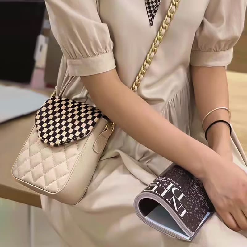 馬毛牛皮女包 真皮單肩包 手機包 斜挎包 方格巧克力小背包側背包