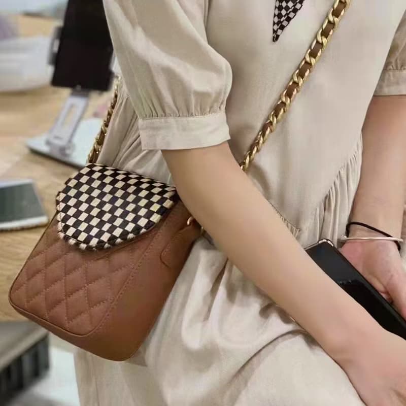 馬毛牛皮女包 真皮單肩包 手機包 斜挎包 方格巧克力小背包側背包