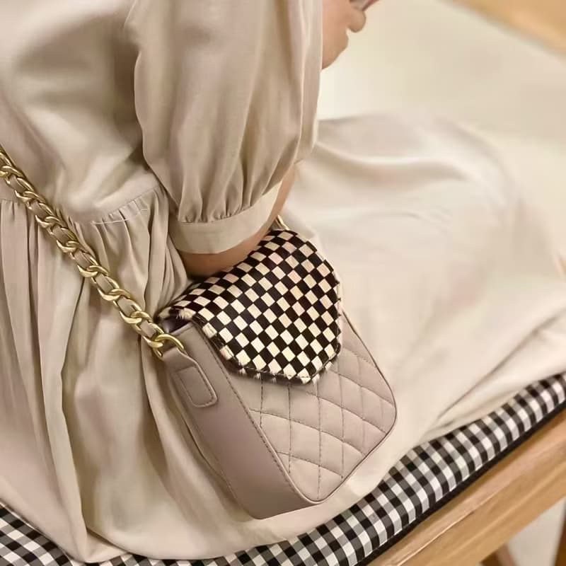 馬毛牛皮女包 真皮單肩包 手機包 斜挎包 方格巧克力小背包側背包