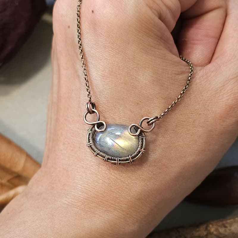金屬線編織 拉長石項鍊 手作飾品 復古穿搭配件