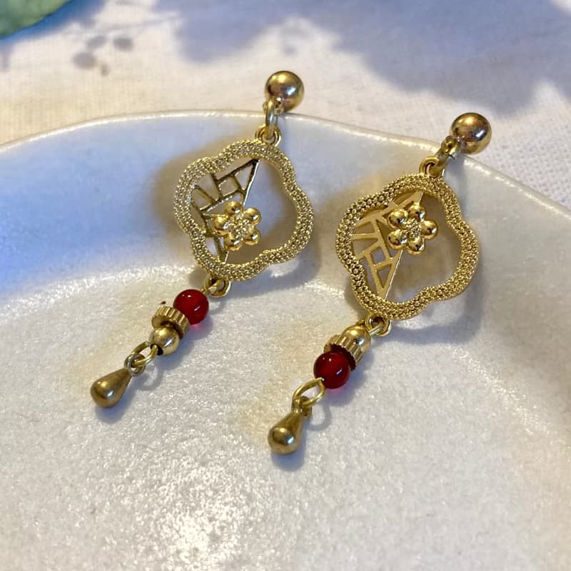 老林雜貨 | 花開富貴紅瑪瑙耳環 (針式 / 夾式)