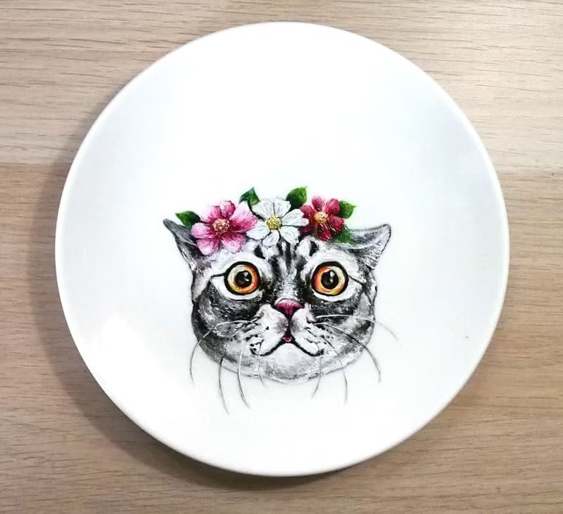 僅此一件! 繽紛小花美短貓點心盤