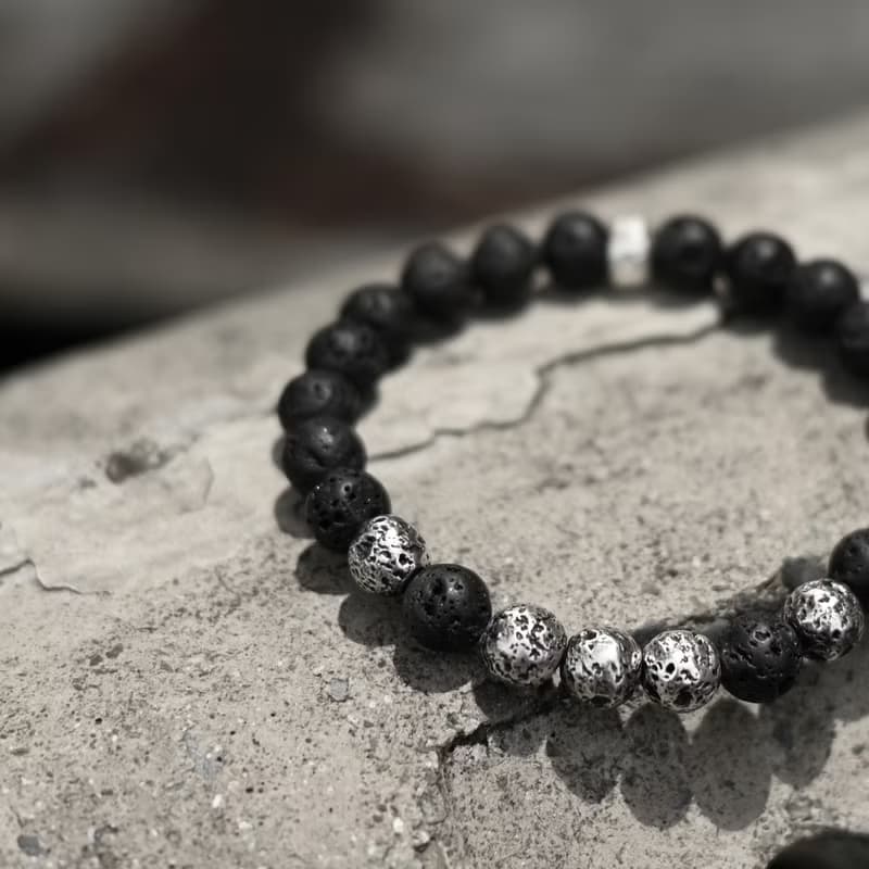 燧生suei 黑火山岩 實心火山石鑄造925銀 天然石純銀手珠 手鍊
