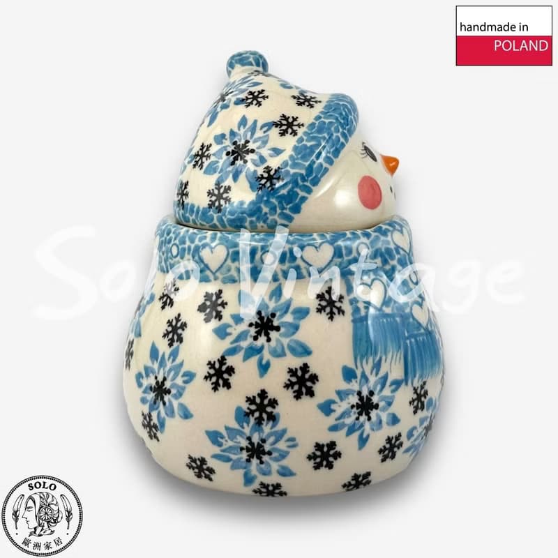 波蘭手繪手工陶-雪人收納罐 (小) 15cm 聖誕雪花系列(藍) 入門款