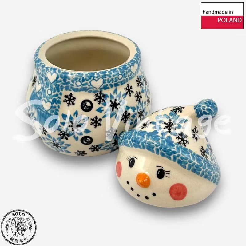 波蘭手繪手工陶-雪人收納罐 (小) 15cm 聖誕雪花系列(藍) 入門款
