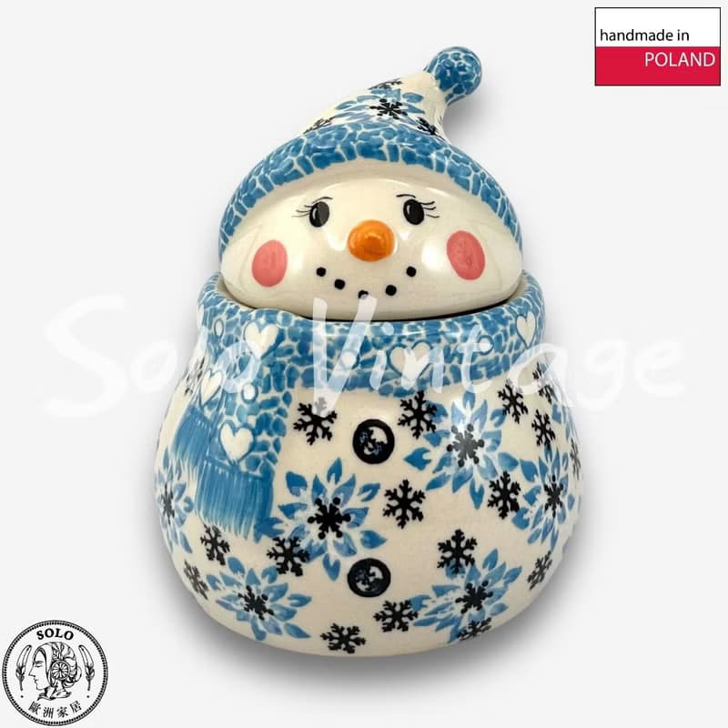 波蘭手繪手工陶-雪人收納罐 (小) 15cm 聖誕雪花系列(藍) 入門款