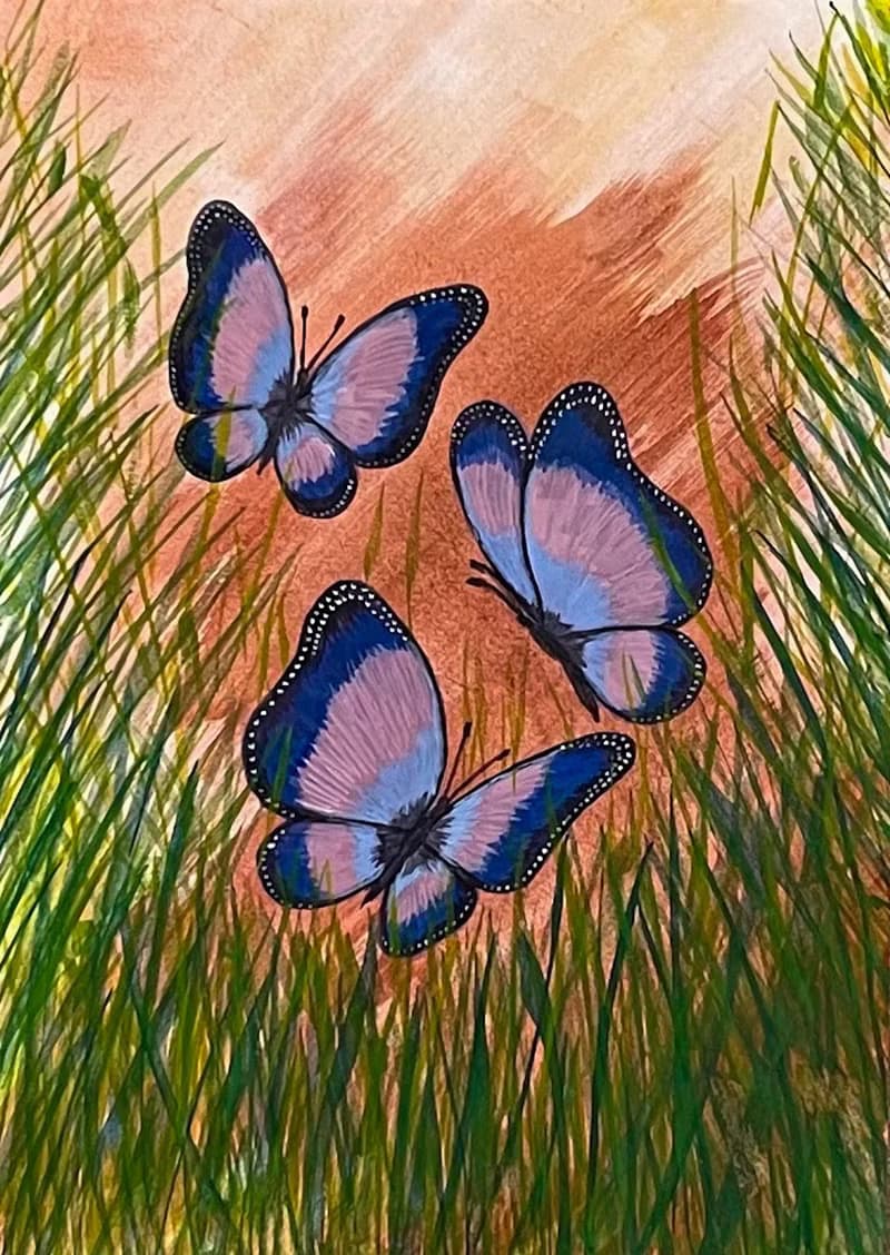 Cheerful dancing butterflies in green grass. Watercolor.