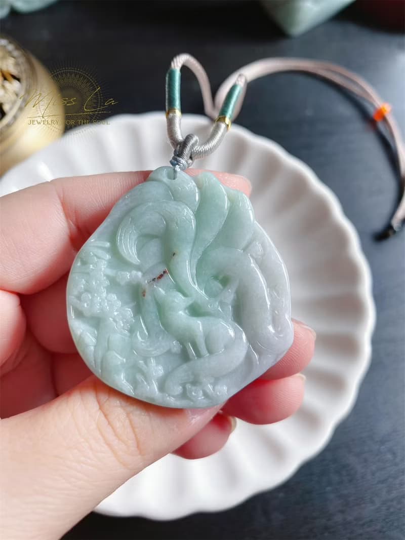 天然緬甸玉翡翠 翡翠九尾狐 玉牌 禮物 項鍊 招桃花 愛情
