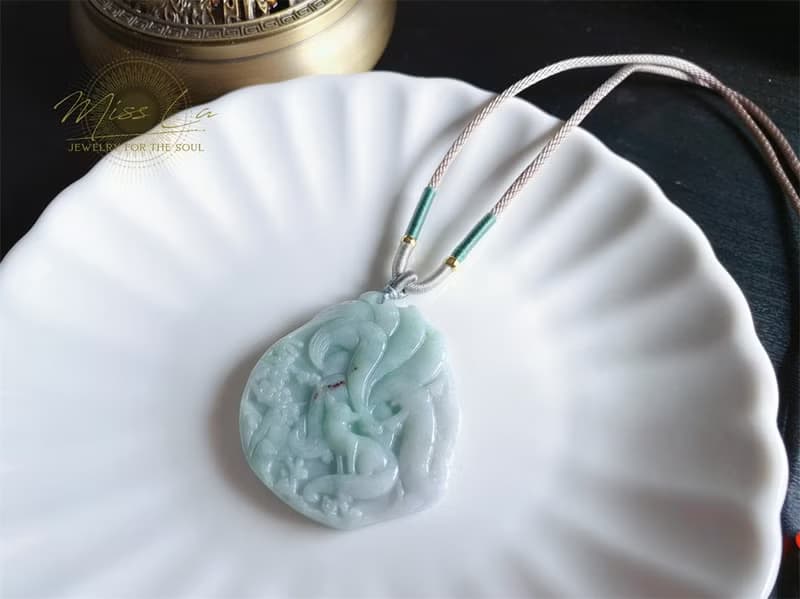 天然緬甸玉翡翠 翡翠九尾狐 玉牌 禮物 項鍊 招桃花 愛情