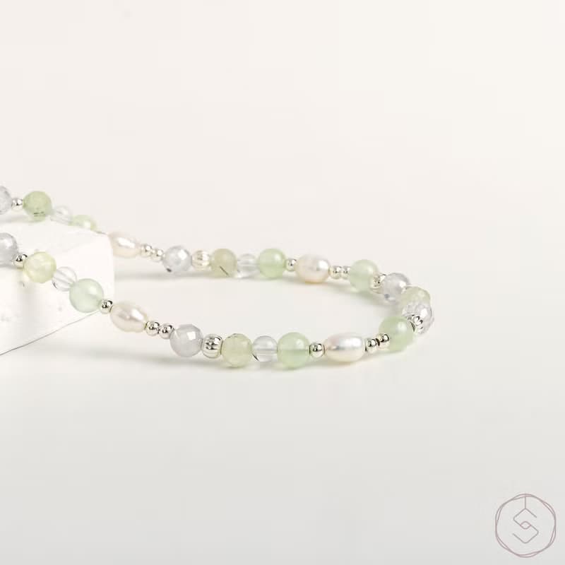曙光 | 葡萄石 淡水珍珠 白水晶 S925純銀 | 天然水晶手鍊