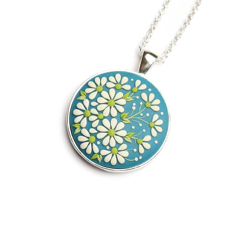 Daisy Pendant Tiny Flower Necklace Unique Handmade Jewelry Polymer Clay Necklace