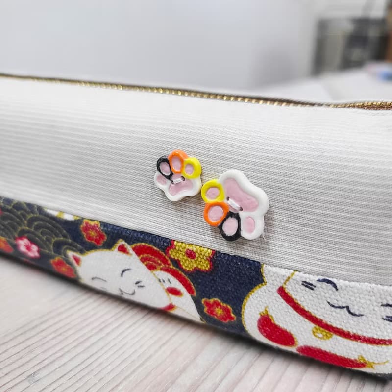 招財貓布藝陶藝扭扣手工小筆袋/化妝袋