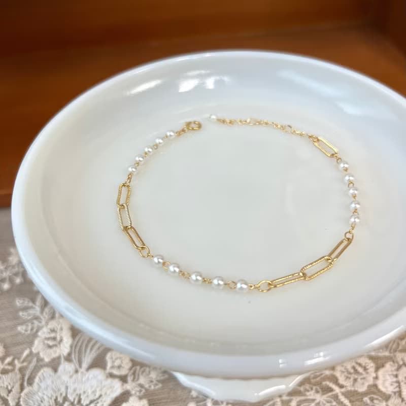 14K包金 長方鏈條珍珠手鏈 珍珠項鏈 鎖骨鏈14kgf