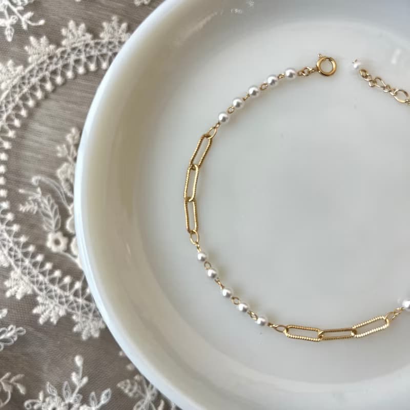 14K包金 長方鏈條珍珠手鏈 珍珠項鏈 鎖骨鏈14kgf